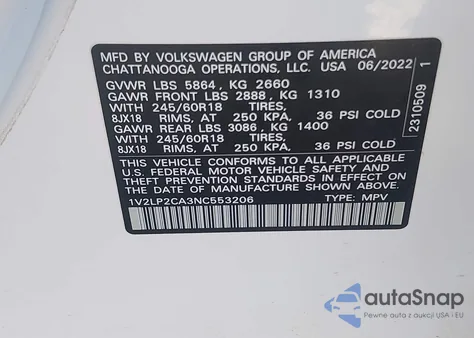 2022 Volkswagen Atlas 2.0T Se from USA, damaged, VIN 1V2LP2CA3NC553206